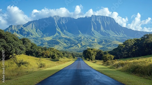 Asphalt Road Leading to a Majestic Mountain Range Capturing a Scenic Travel Destination