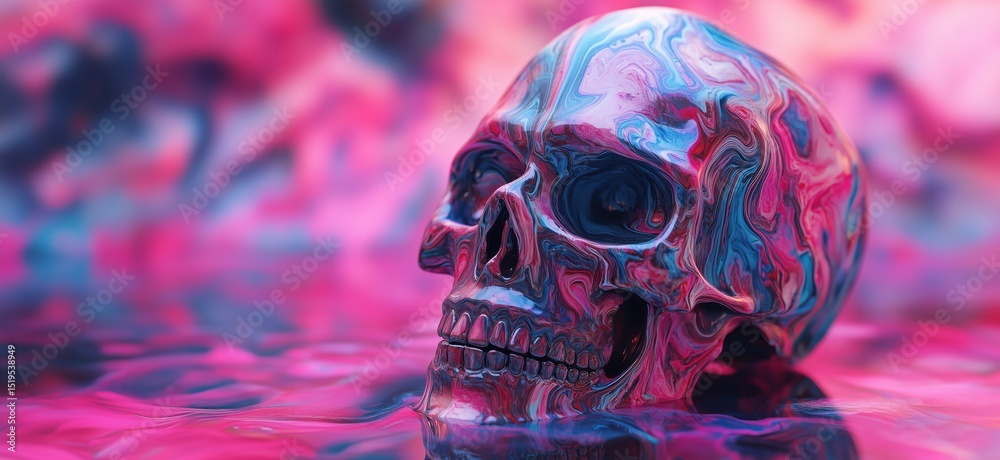 Fototapeta premium Colorful abstract skull with swirling patterns in vibrant pink and blue hues