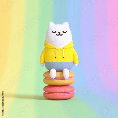 Fluffy cartoon cat with pastel hoodie, sitting atop pancake tower, happy face, background of candy swirls and pastel rainbows