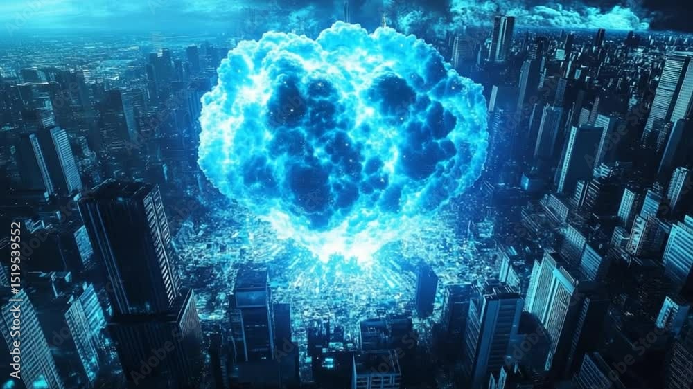 Cinematic view of an energy surge over a city skyline, symbolizing modern technological warfare scenarios