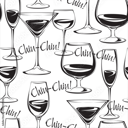 Hand-Drawn Wine and Glasses Pattern – Elegant Vintage Doodle Style Red Wine Bottles, Goblets, and Toasting Icons for Party Invitations, Menus, and Bar Decor 