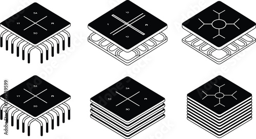 Isometric illustration of black and white computer chips with different designs and configurations