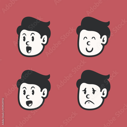 Set of cartoon boy faces with modern vintage style, showing angry, happy, winking, and shocked expressions. Great for emoticons, mascot design, and children’s content