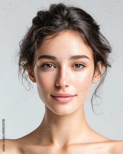 A portrait of a young woman with natural beauty, showcasing radiant skin and an authentic smile against a neutral background.