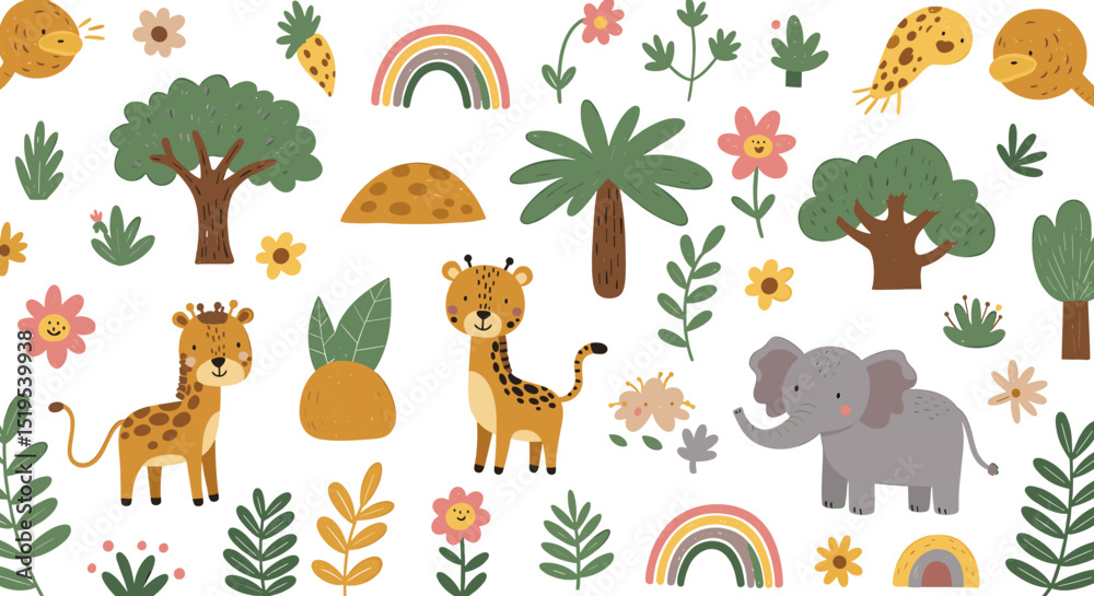 Naklejka premium Cartoon animal and plant pattern background