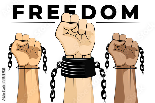 Raised fist hands breaking chains vector with bold FREEDOM text on white background. Vector illustration for protest themes, posters, infographics, banners, and creative projects.