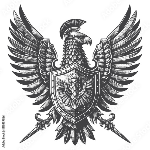 Vintage Hand-Drawn Spanish Imperial Eagle Made of Metallic Armor Illustration, Wildlife Bird Engraved Style Vector for T-Shirts and Fantasy Tech Themes Design