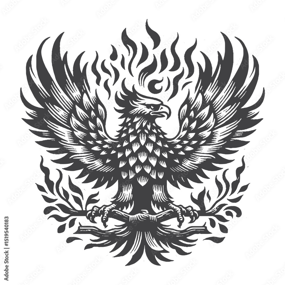Obraz premium Vintage Hand-Drawn Spanish Imperial Eagle With Feathers Made Of Flames Illustration, Wildlife Bird Engraved Style Vector for T-Shirts and Surreal Nature Themes Design