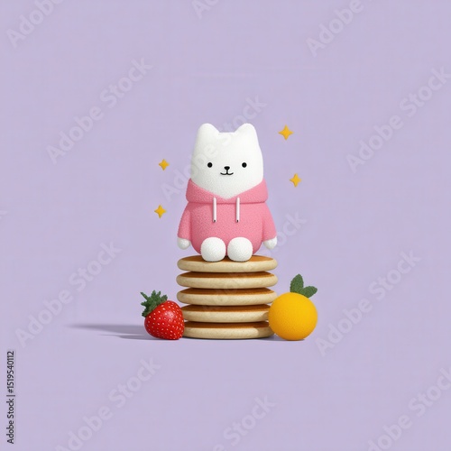 Kawaii cat character on stack of pancakes, wearing pink hoodie, surrounded by pastel stars and fruit patterns, vibrant cute background