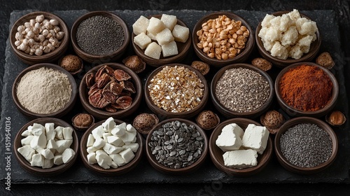 Assortment of healthy foods rich in zinc mineral displayed on a dark background for a balanced diet