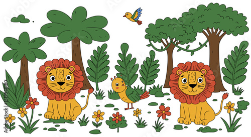Cartoon lions in jungle landscape