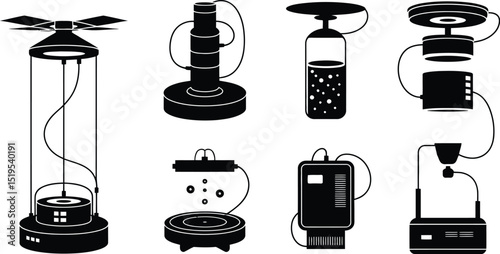 A collection of futuristic devices in black and white, each with unique designs and functions shown