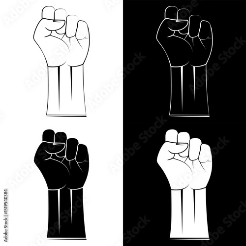 Raised fist hand outline icon and silhouette in black and white. Vector icon illustration for web, UI design, infographics, business, and digital projects.