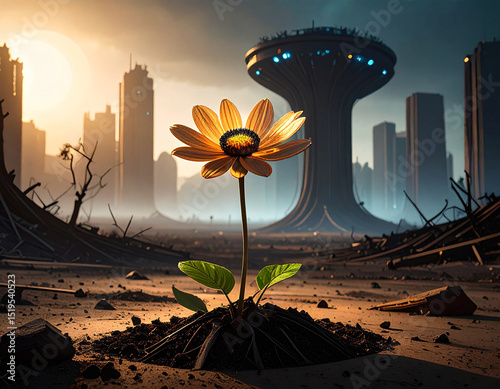 Destructed post apocalyptic nature with an unknown mutated flower