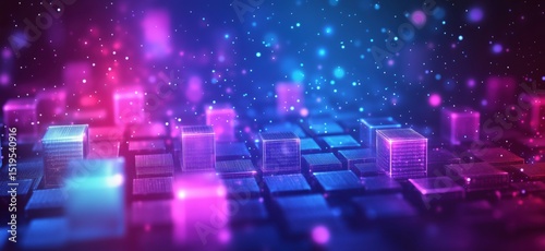 Colorful abstract digital landscape with glowing cubes and particles in vibrant hues