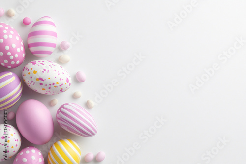 Colorful Easter eggs and pastel decorations create a festive display