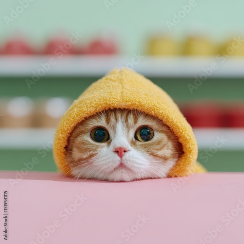 Adorable cat with soft eyes in hoodie, resting on strawberry pancakes, pastel market background with sweets and fruit