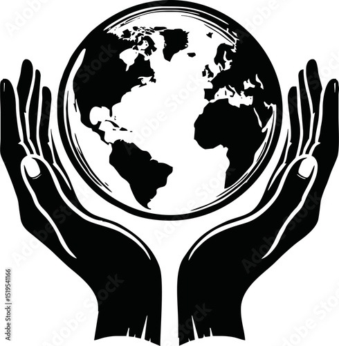 Silhouette of hands holding earth
 vector isolated on white background