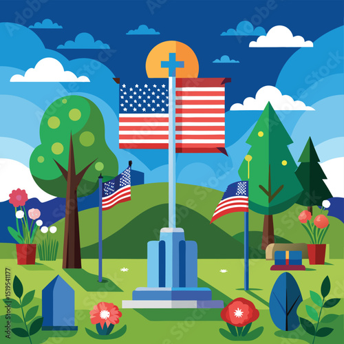 Field of American flags at Sunset