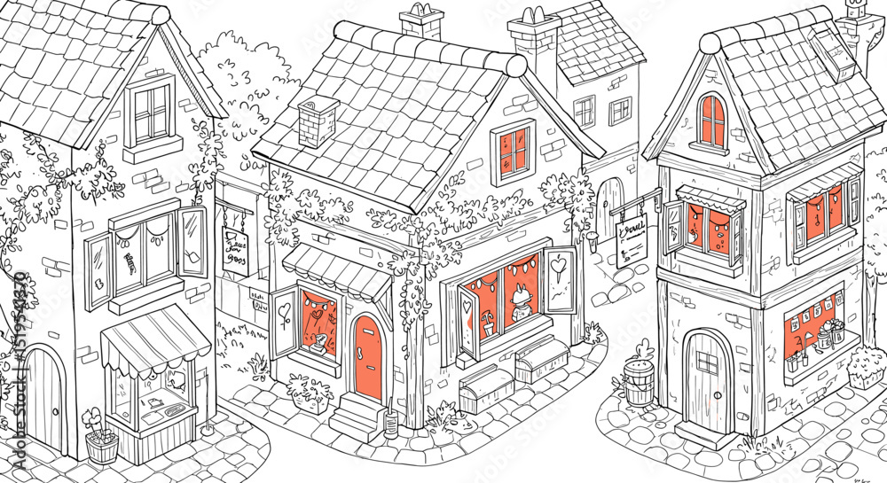 Fototapeta premium Outlined town houses coloring page
