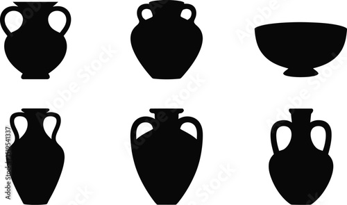 A collection of six black silhouette illustrations of ancient pottery and vessels on a white background