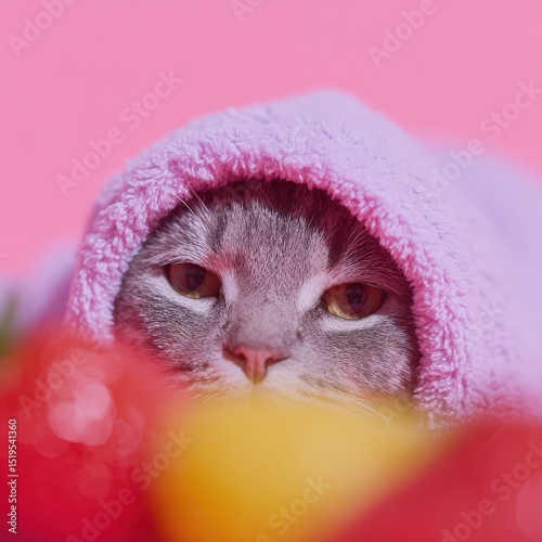 Adorable cat with soft eyes in hoodie, resting on strawberry pancakes, pastel market background with sweets and fruit