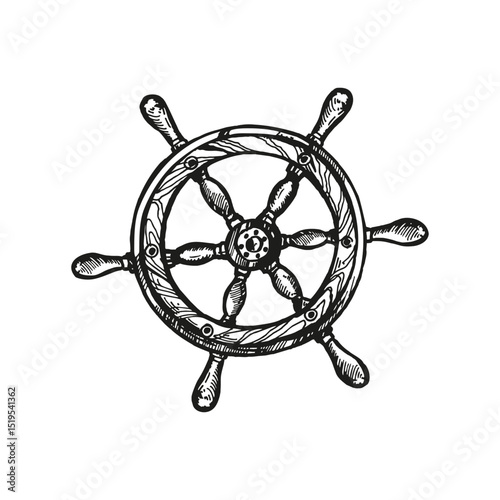 vector monochrome wooden vintage steering wheel of a boat or ship, ink illustration of old grunge vessel, black and white sketch of yacht circle rudder, for adventures card and blogs