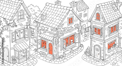 Outlined town houses coloring page
