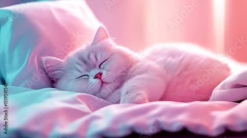 Adorable kitten dreamily sleeps on pastel pink bedding, showcasing tranquility and peace