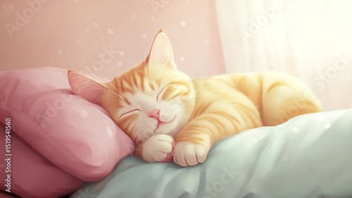 Adorable ginger cat sleeping peacefully on soft pillows, a heartwarming scene