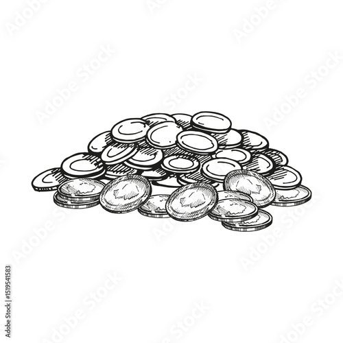vector large bunch of coins, hand drawn heap of gold metal money, monochrome illustration of cash, pile of money, sketch of wealth, treasure trove for business and finance decoration, blogs, pictures