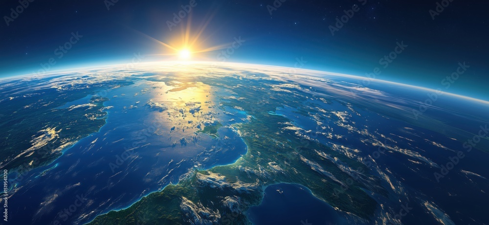 Fototapeta premium Stunning view of Earth from space at sunrise highlighting oceans and landmasses