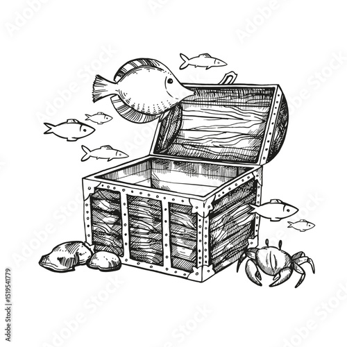 vector wooden full treasure chest with lid open, hand drawn box with coins, gold, jewels at bottom of sea, pirate loot, crab, fishes, black and white sketch, adventure, history monochrome illustration
