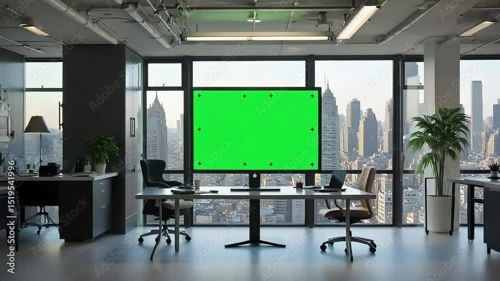 Green screen monitor in office with city view for video editing and compositing