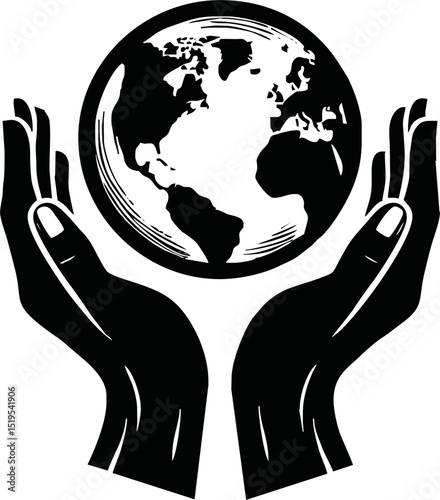Silhouette of hands holding earth
 vector isolated on white background