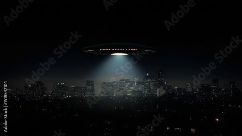 Unidentified object hovers ominously above a glistening cityscape at night, invasion vibes
