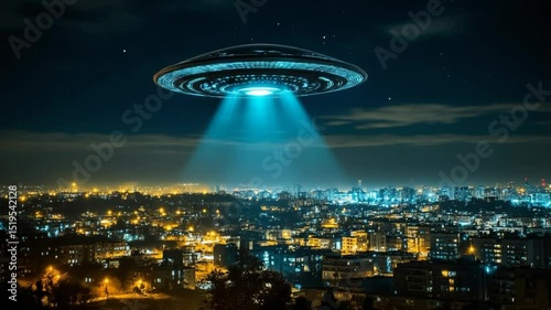 Extraterrestrial Encounter: Unidentified Flying Object Hovering Above Cityscape at Night