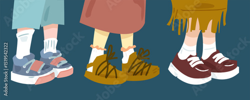 Three Kids Footwear Cartoon Illustration. Three children’s legs in colorful socks and different types of shoes — sneakers, sandals, and loafers — in flat cartoon style on dark background.
