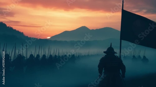 Epic Formation of Samurai Warriors at Sunrise: A Historical Military Visualization