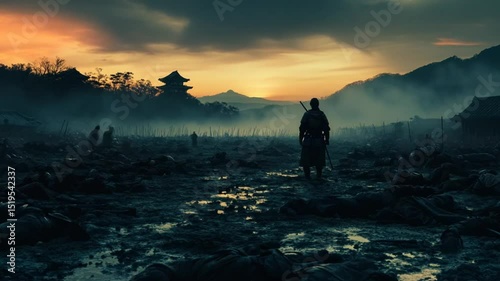 Epic cinematic scene: A lone warrior stands amidst a battlefield after a decisive war