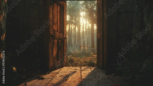 Mystical portal to the forest revealed with an open wooden door and sun rays