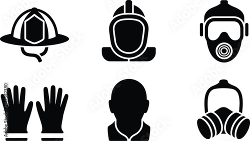Icons showing protective gear including helmets masks and gloves in a black and white illustration