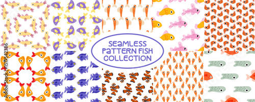 Funny Seamless Cartoon Fish Patterns. Ten colorful flat-style seamless patterns with various cute cartoon fish, arranged in playful and abstract compositions on white background.