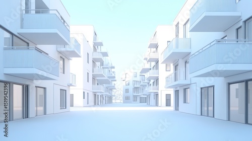 A digital rendering shows a perspective view down a street lined with identical, minimalist white apartment buildings, each featuring balconies and ground-floor entrances, under a bright, clear sky