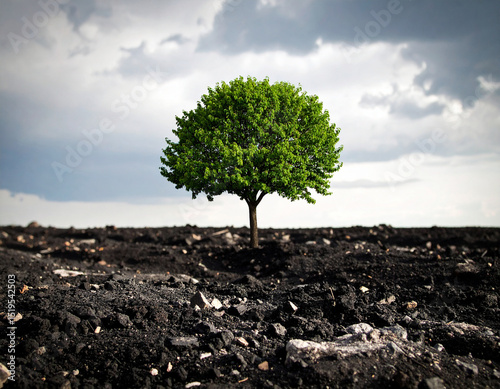 Burnt land with a beautiful lonely green tree