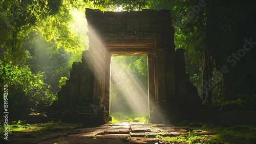 Mystical Ancient Stone Gate Amidst Lush Forest with Sun Rays Casting Through the Portal