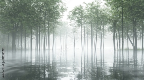 A misty, tranquil scene of a flooded forest with slender trees partially submerged in calm water, creating a serene and ethereal atmosphere