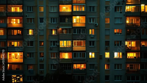 Illuminated Windows of a Residential Building at Night Revealing Cozy Apartment Living