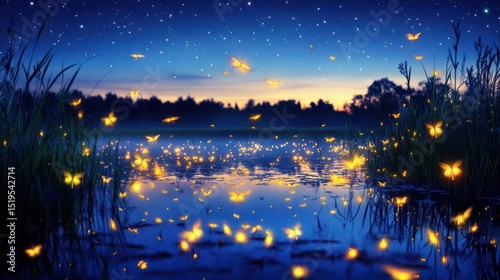 Serene twilight landscape featuring a calm body of water reflecting a starry sky and numerous glowing insects, creating a magical ambiance