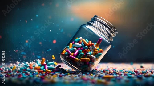Colorful Medicines Pills and Capsules Exploding from a Glass Jar on a Dark Background